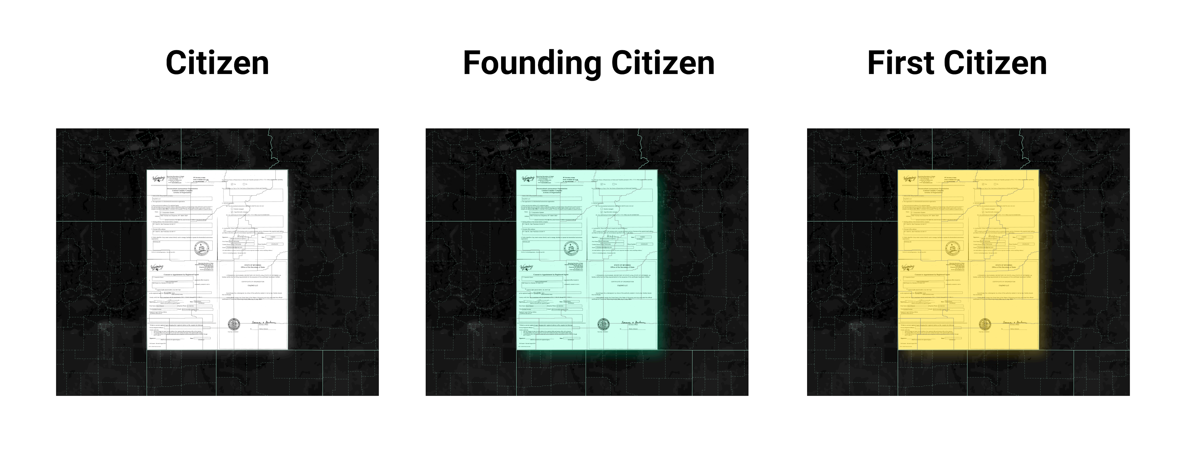 Our Citizen NFTs that showcase the articles of incorporation overlaid on the state of Wyoming  