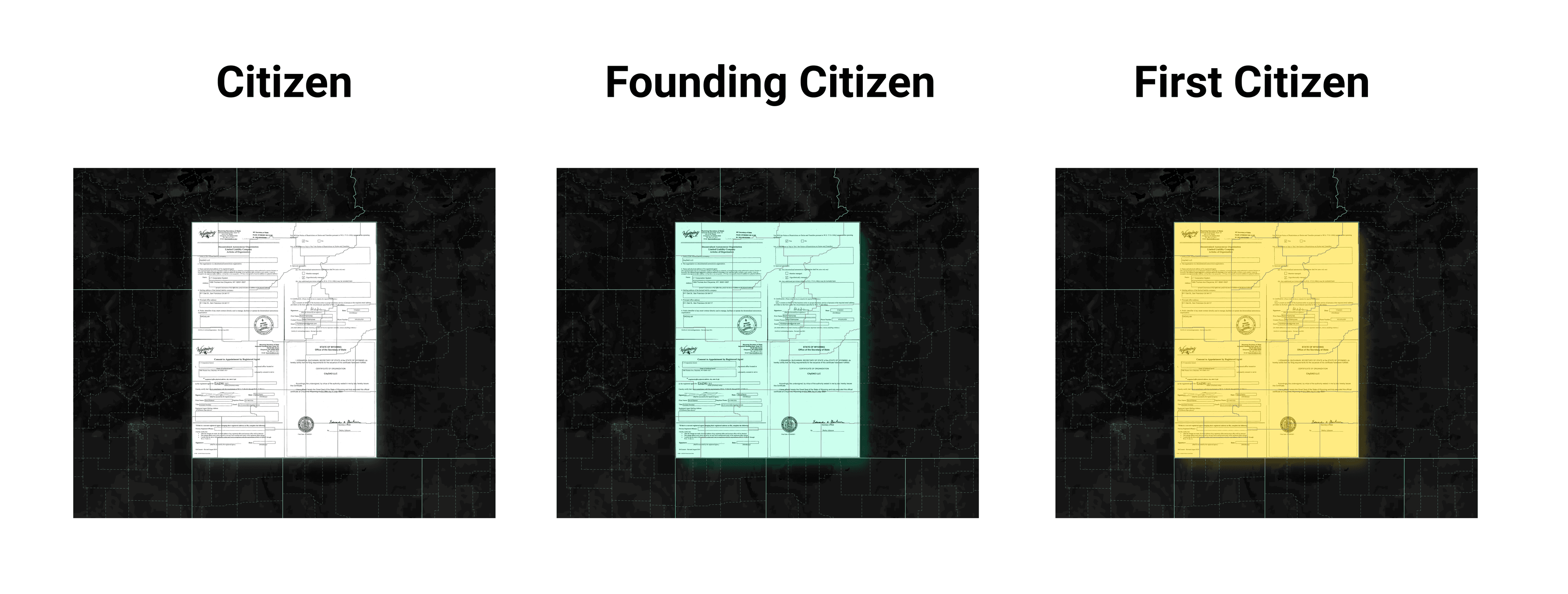 Our Citizen NFTs that showcase the articles of incorporation overlaid on the state of Wyoming  